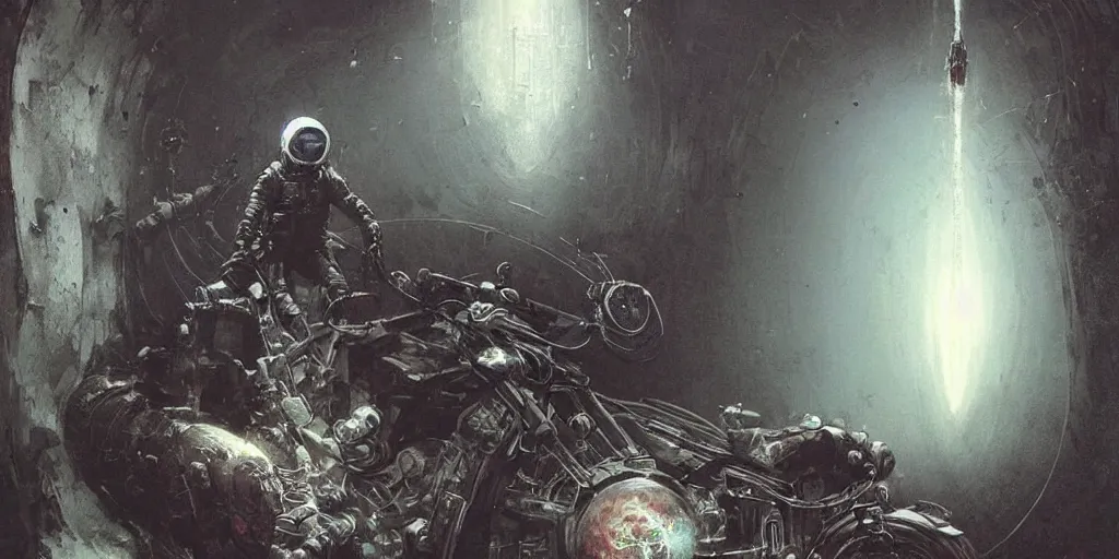 Image similar to soviet cosmonavt on old broke bike in the dirty cave, moscow metro, space travel, art by beksinski and stephan martiniere, fatal, singularity, cold, claustrophobia, steamcore, closely, japan poster, fear