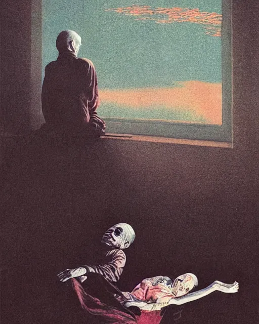 Image similar to early color photo of an old dead couple sitting on a couch in an old soviet apartment and looking at the scared enlightened boy flying up in sky, Beksinski impasto painting, part by Adrian Ghenie and Gerhard Richter. art by Takato Yamamoto, masterpiece