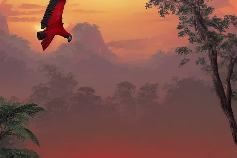 Image similar to gorgeous scarlet macaws flying at beautiful sunset in the distance through the forest, jungle mountains in the background, highly detailed, trending on art station, very detailed birds, art by greg rutkowksi