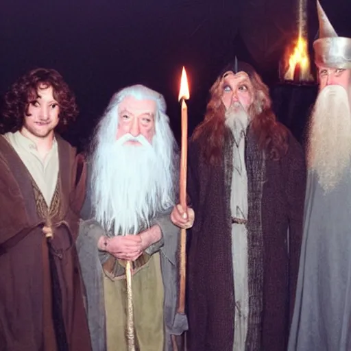Prompt: gandalf birthday party with frodo, legolas and galadriel