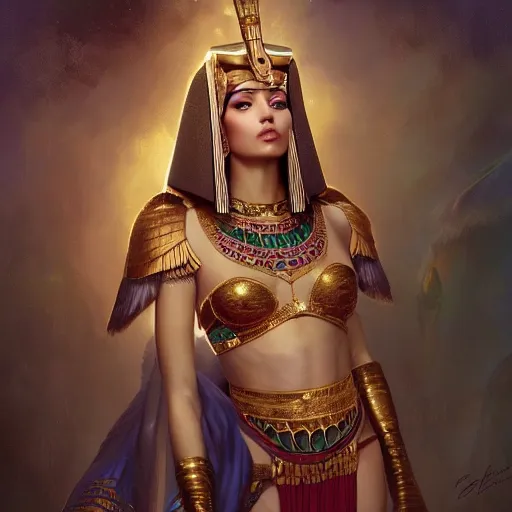 Prompt: A beautiful digital painting of a sexy female cleopatra, princess, ancient egypt behind her, intricate, cinematic lighting, highly detailed, digital painting, Artstation, concept art, smooth, sharp focus, illustration, art by Tom Bagshaw, Artgerm and Greg Rutkowski