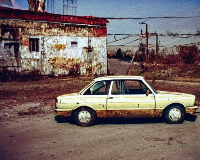 Image similar to a lomographic photo of old lada 2 1 0 7 standing in typical soviet yard in small town, hrushevka on background, cinestill, bokeh