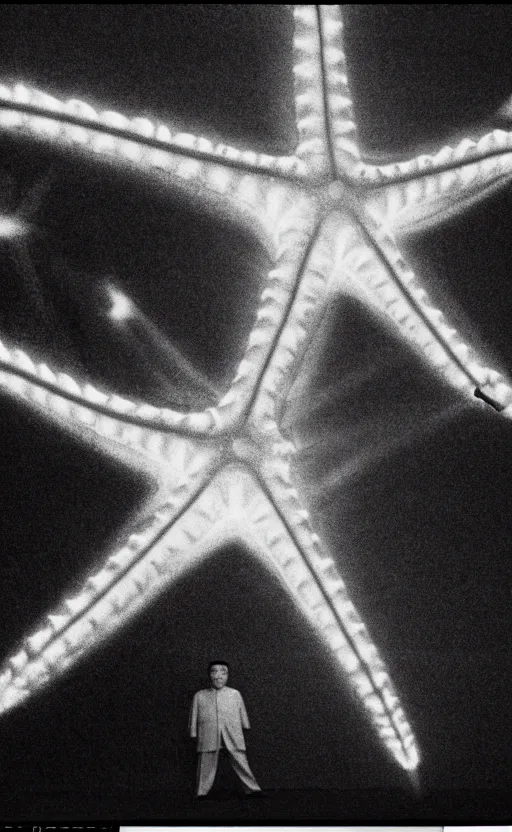 Image similar to light coming out of one starfish - like kaiju anthropomorphic monster, korean film noir by kim jong - il, korean traditional palace, pyongyang city, 1 9 6 0 s, red color bleed, 4 k, video compression, video glitch, monochrome, akira kurosawa, mamoru oshii, wes anderson, stanley kubrick