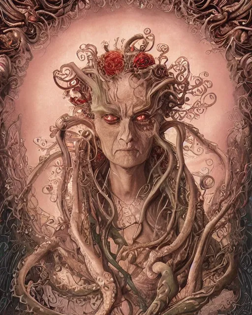 Prompt: centered horific detailed front view portrait of a crazy old woman with ornate tentacles growing around, ornamentation, flowers, elegant, beautifully soft lit, full frame, by wayne barlowe, peter mohrbacher, kelly mckernan, h r giger