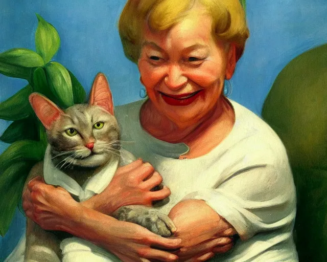 Image similar to detailed portrait of a happy old lady and her plant cat , Edward Hopper, sharp high quality