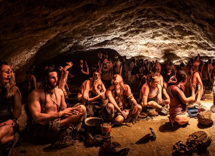 Prompt: neolithic people at a psytrance festival in a cave