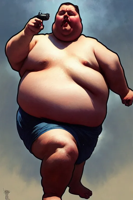 Image similar to an overweight man as a human cannonball, realistic painting, symmetrical, highly detailed, digital painting, artstation, concept art, smooth, sharp focus, illustration, cinematic lighting, art by artgerm and greg rutkowski and alphonse mucha