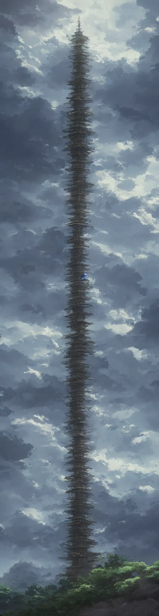 Image similar to one extremely tall pagoda with a path surrounded by mountains, stormy weather. Makoto Shinkai, anime, trending on ArtStation, digital art.