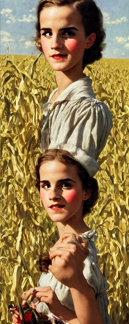 Image similar to photo photorealistic medium shot head and chest portrait photograph Emma Watson picnic in a corn field 1950s portrait by Norman Rockwell