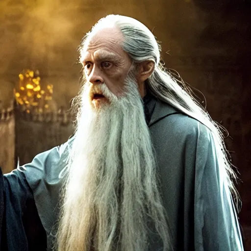 Image similar to william dafoe as dumbledore, film still, cinematic lighting