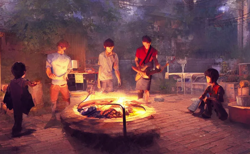 Image similar to three guys in night at the yard speaking while grilling kebabs and one guy playing guitar, light bulbs, painting by Craig Mullins, octane rendering, soft morning lighting, wide angle lens, in the style of Hayao Miyazaki, trending on artstation,