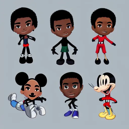 Image similar to character design sheets for camp black face, single michael jackson, michael jackson, michael jackson, michael jackson, michael jackson, michael jackson, michael jackson, michael jackson, ( ( ( mickey mouse ) ) ), nendroid, stephen bliss style