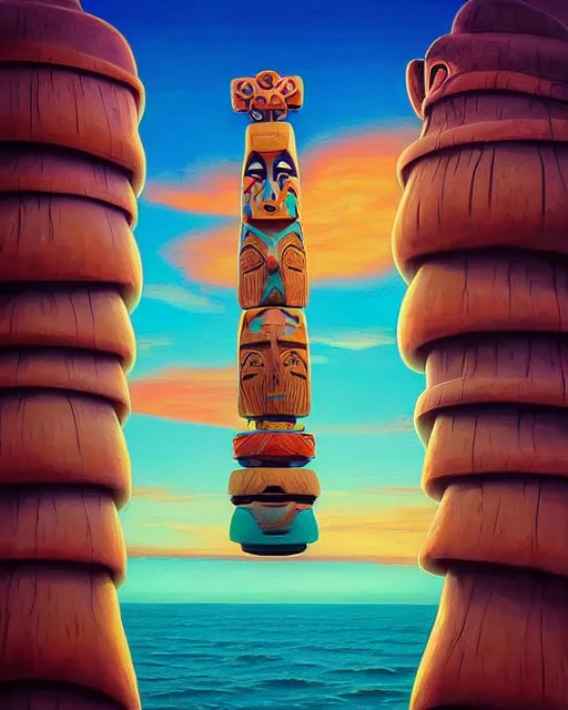 Image similar to a painting of a tribal tiki hut with a totem pole, a surrealist painting by Naoto Hattori, close up, sunset, by Beeple, symmetry, by Makoto Shinkai and Lois van baarle, trending on deviantart, pop surrealism, lowbrow,, whimsical