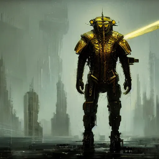 Image similar to anthropomorphic cyberpunk warrior stands tall wearing black and gold armor, oil painting, Tooth Wu, Greg Rutkowski, RPG, dynamic lighting, fantasy art, High contrast, depth of field, landscape, scenery