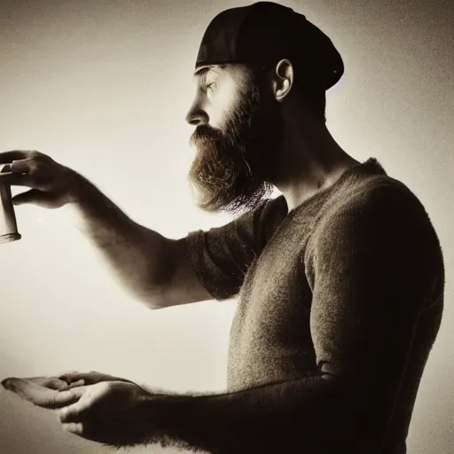 Prompt: bearded man building something, profile, dramatic, surreal