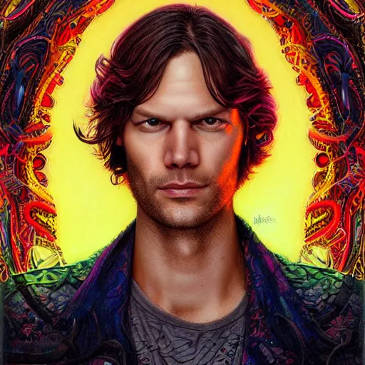 Image similar to portrait of jared padalecki, hyper detailed masterpiece, neon floral pattern, jean giraud, digital art painting, darkwave goth aesthetic, psychedelic, artgerm, donato giancola and tom bagshaw