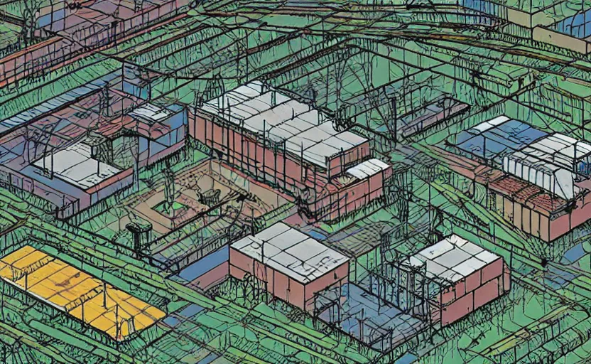 Image similar to industrial buildings surrounded by undergrowth by moebius