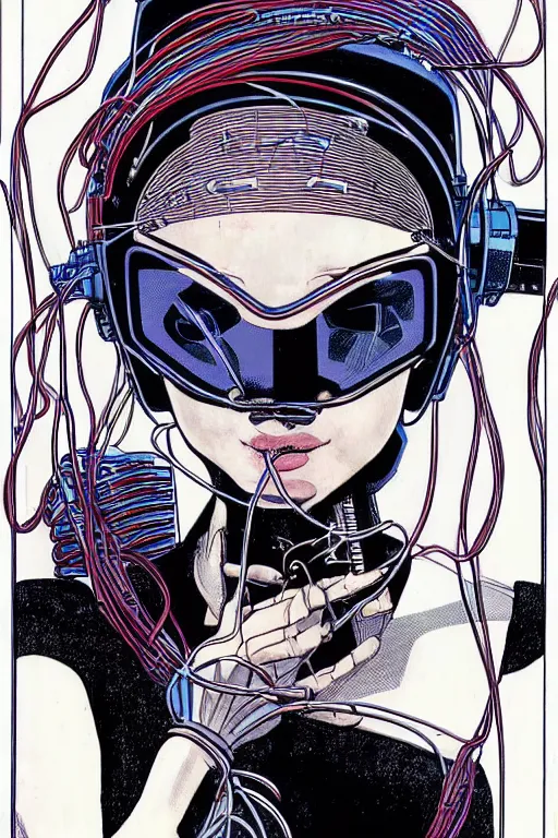 Image similar to A beautiful woman wearing a cybernetic helmet with many wires plugged into is and in her body by Moebius and Rahzzah