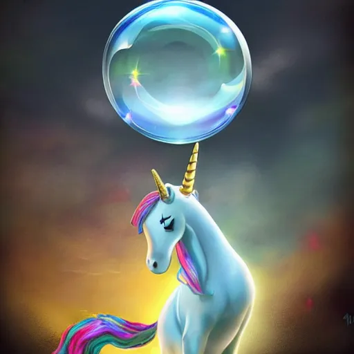 Prompt: A unicorn in the shape of a bubble floating in the air, comic cover, mystical fantasy, concept art