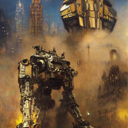 Image similar to six meters tall mech fighting in an urban environment, epic action scene, by gaston bussiere craig mullins jc leyendecker gustav klimt artgerm greg rutkowski john berkey, bergey, craig mullins, ruan jia, raymond swanland, jeremy mann, tom lovell, alex malveda