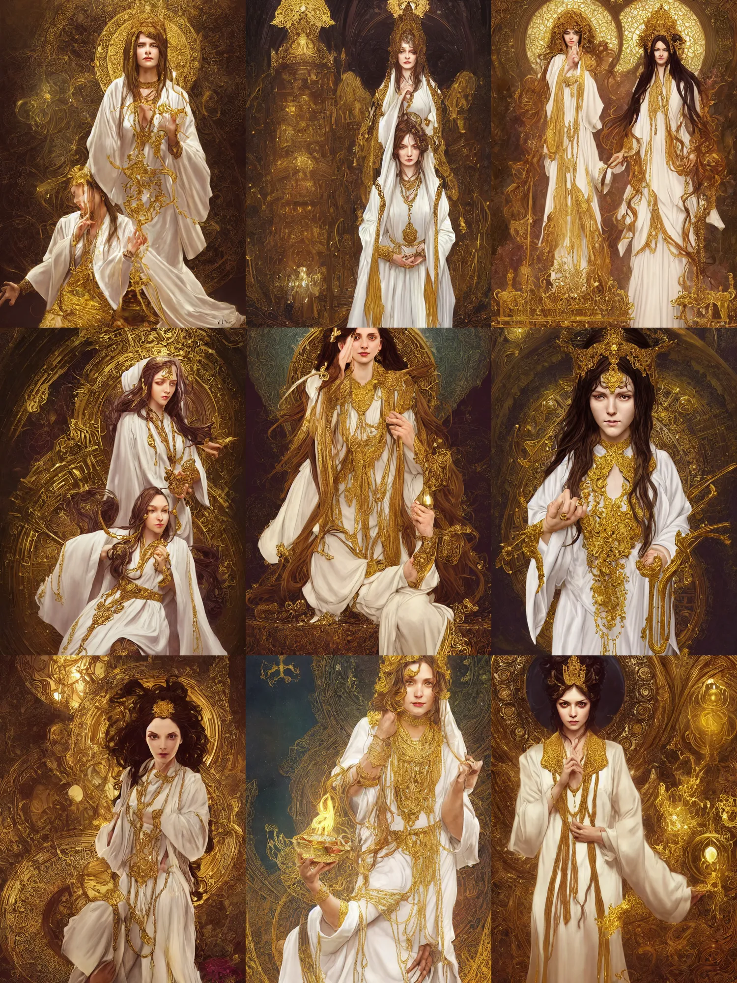 Prompt: Full portrait of Cleric Lady, pearl white robes with golden details, beautiful, dark brown skin, supernatural golden eyes, golden straight hair, bracelets, floating, spellcasting, in a beautiful temple altar background, highly detaile, detailed face high fantasy, digital illustration, by Krenz Cushart and Artem Demura and alphonse mucha, artstation, HD, 4K, midjourney