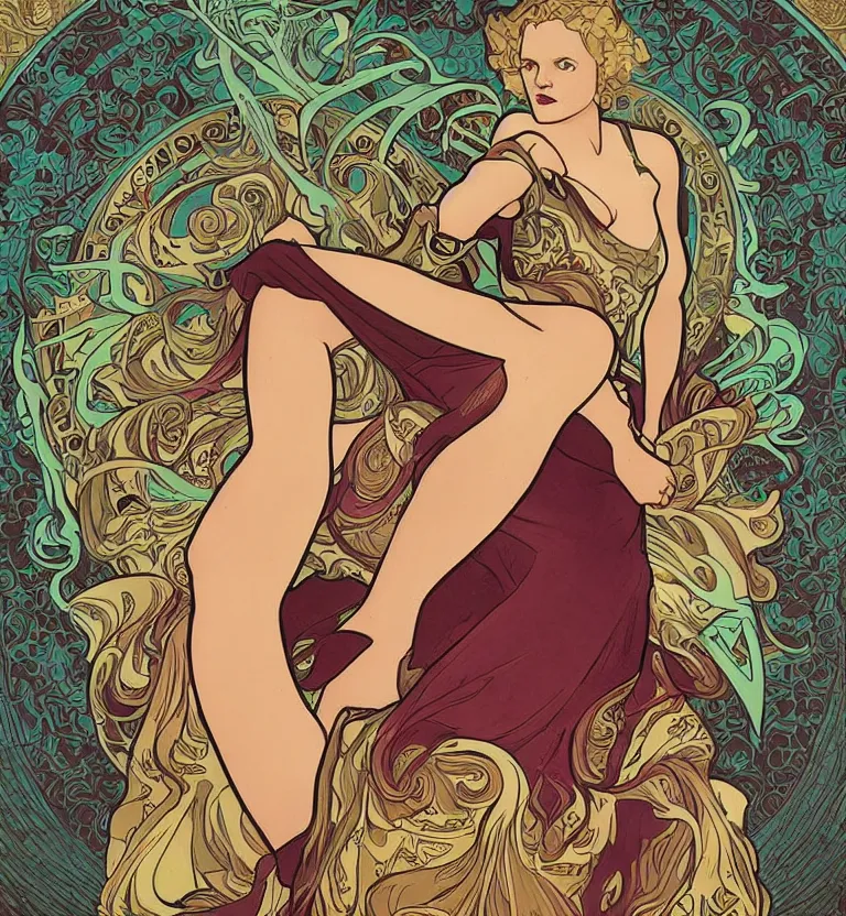 Prompt: Elizabeth Moss by Jamie McKelvie comic art, art nouveau, Peter Mohrbacher, Alphonse Mucha, full body shot