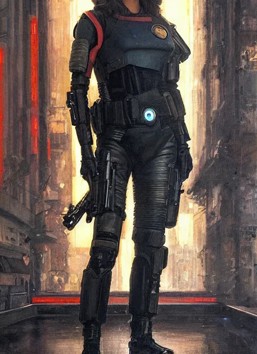 Prompt: 👩🏼🚀. cyberpunk police trooper in a military vest ( blade runner 2 0 4 9, cyberpunk 2 0 7 7 ). orientalist portrait by john william waterhouse and james gurney and theodore ralli and nasreddine dinet, oil on canvas. cinematic, hyper realism, realistic proportions, dramatic lighting, high detail 4 k