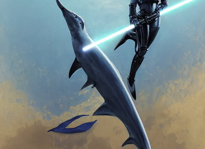 Image similar to blue thresher shark wearing plate armor, shark head, holding a lightsaber, fantasy, wonderful masterpiece highly detailed, scifi, beautiful cinematic light deep focus, elegant, digital painting, smooth, sharp focus, golden ratio, dramatic illumination, ultra realistic, 8 k, art by ilya kuvshinov, artgerm, alphonse mucha, and greg rutkowski