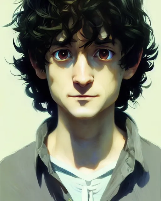 Image similar to portrait Anime playing Frodo Baggins || cute-fine-face, pretty face, realistic shaded Perfect face, fine details. Anime. realistic shaded lighting by Ilya Kuvshinov katsuhiro otomo ghost-in-the-shell, magali villeneuve, artgerm, Jeremy Lipkin and Michael Garmash and Rob Rey Elijah Wood