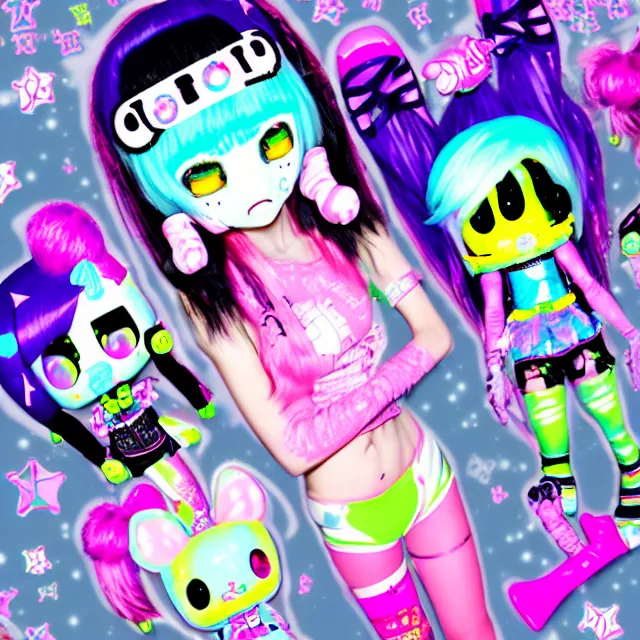 Image similar to cybergoth decora glitchcore yokai girl, sanrio tamagotchi moe ornaments, pastel cute cinematography