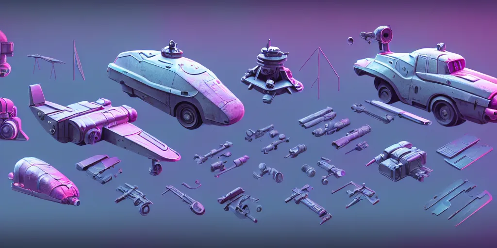 Image similar to hard surface shape form exploration, vehicles, close up, complex geometry, detailed, artstation, 8 k, sci - fi, pastel colors, props, panel, concept, simon stalenhag, blueprint, items and gadget, big medium small, blueprint, vintage