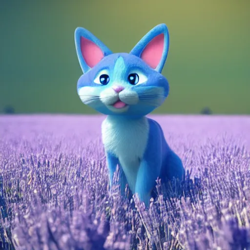 Prompt: cute blue cat in grassy field with lavender growing, disney pixar movie, 3 d render, octane render, cinematic lighting