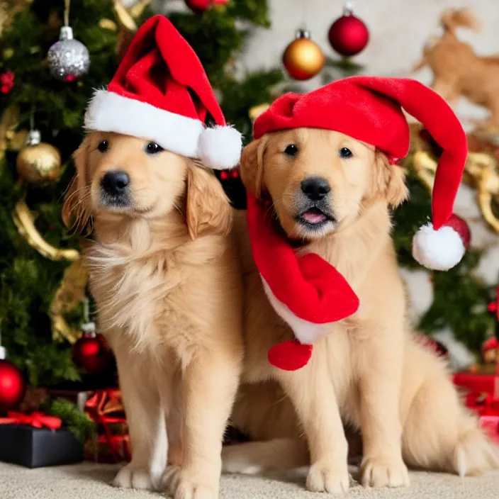 Prompt: cute golden retriever puppy wearing a christmas hat by archibald thorburn