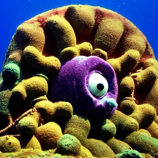 Prompt: rusted barnacle covered teletubby at the bottom of the ocean