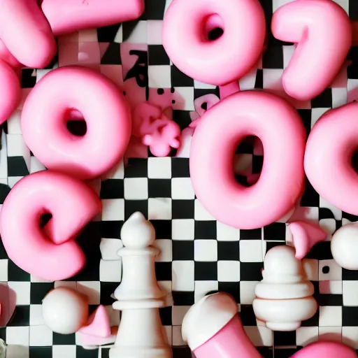 Image similar to photo of Peppa Pig, pink-frosted donuts, pink balloons, chess board, 50mm, beautiful photo
