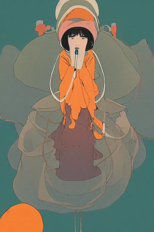 Image similar to a Girl in a large hood sitting on the ground and Slices of orange, cd and microphones float around ,Visual Communication Design by studio ghibli and mucha ,Refreshing colour