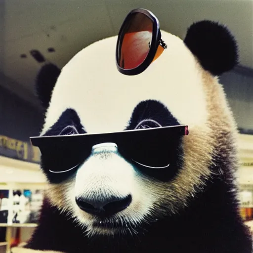 Image similar to grainy head to shoulder portrait polaroid film photograph of a panda in a mall wearing aviator shades. super resolution. surreal. extremely detailed. polaroid 6 0 0 film. by annie leibovitz and richard avedon