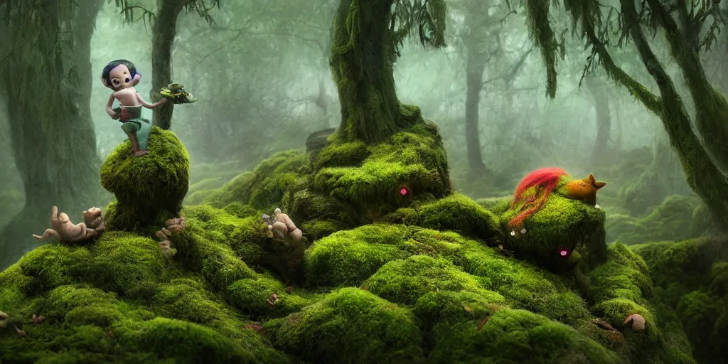 Prompt: a surreal bright very cute tiny mossy forest troll made of bark in a misty forest world by bobby chiu, daniel merriam, trending on artstation, goro fujita and charlie bowater, octane render, 4 k, 8 k, hd