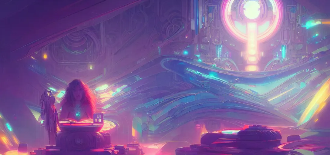 Image similar to a cybernetic temple, vaporwave aesthetic, colorful, psychedelic, digital painting, artstation, concept art, smooth, sharp focus, illustration, art by artgerm and greg rutkowski and alphonse mucha