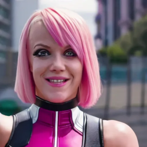 Image similar to A still of Gwenpool in Deadpool 3 (2023), blonde hair with pink highlights, no mask, white and light-pink outfit, smiling and winking at the camera, comics accurate design