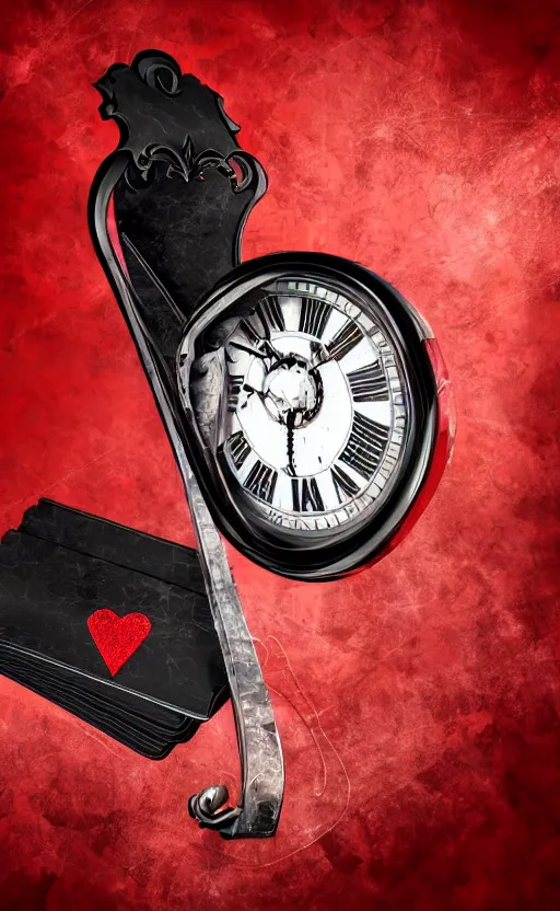 Image similar to a melting Roman numeral clock, behind a red and black gradient background, awith a black heart shaped on the top left corner and a black diamond card shape in the bottom right corner, dynamic lighting, photorealistic fantasy concept art, trending on art station, stunning visuals, cinematic, creative, ultra detailed