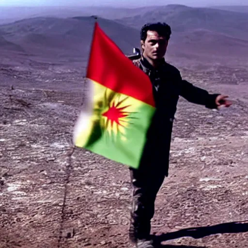 Image similar to kurdish astronaut holding a kurdistan flag in a movie directed by christopher nolan, movie still frame, promotional image, imax 7 0 mm footage