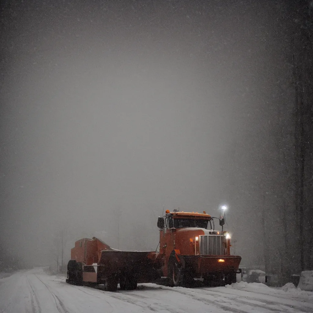 Prompt: photo, big snow plow truck is in the distance with a bright headlighta. cold color temperature, snow storm. hazy atmosphere. humidity haze. kodak ektachrome, greenish expired film, award winning, low contrast,