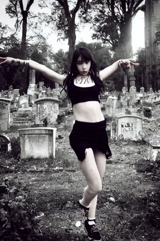 Image similar to egirl doing a shuffle dance in an abandoned graveyard, aesthetic!!, clean composition, outdoor lighting, beautiful highly symmetric face, gazing eyes