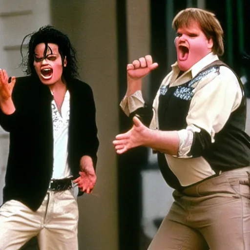 Image similar to mad michael jackson yelling at sad chris farley for messing up his bob ross painting