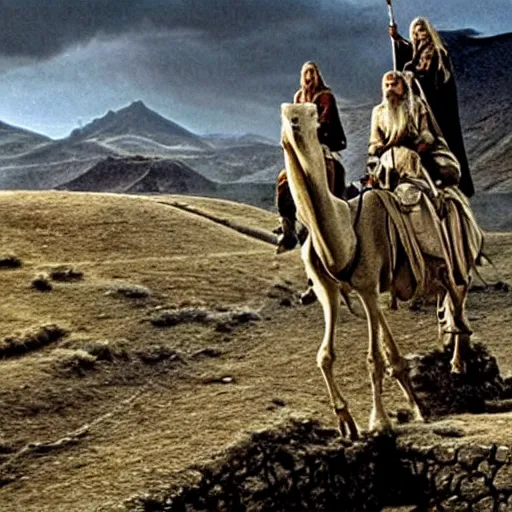 Prompt: still from lord of the rings showing the ride of the rohirrim, riding toward minas tirith on camels