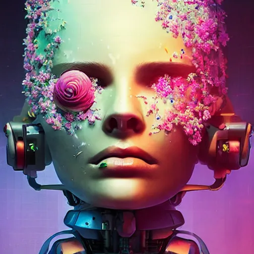 Prompt: a digital painting of a robot with flowers, cyberpunk portrait art by filip hodas, cgsociety, panfuturism, made of flowers, dystopian art, vaporwave!!!