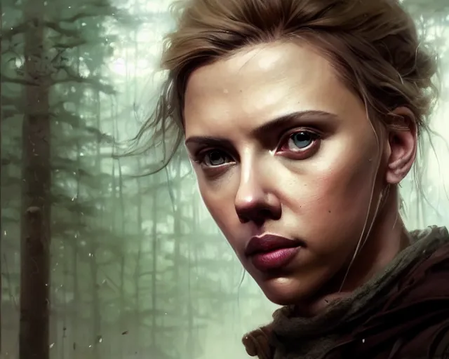 Image similar to highly detailed portrait of scarlett johansson, in the walking dead, stephen bliss, unreal engine, fantasy art by greg rutkowski, loish, rhads, ferdinand knab, makoto shinkai and lois van baarle, ilya kuvshinov, rossdraws, tom bagshaw, global illumination, radiant light, detailed and intricate environment