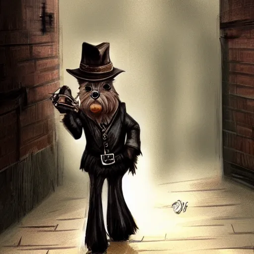 Image similar to detective yorkshire terrier wearing a fedora, in a dark alley, by D&D Concept Artists