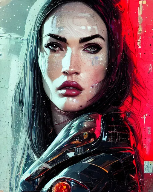 Prompt: detailed side profile portrait Megan Fox, cyberpunk futuristic neon, reflective puffy coat, decorated with traditional Japanese ornaments by Ismail inceoglu dragan bibin hans thoma greg rutkowski Alexandros Pyromallis Nekro Rene Maritte Illustrated, Perfect face, fine details, realistic shaded, fine-face, pretty face